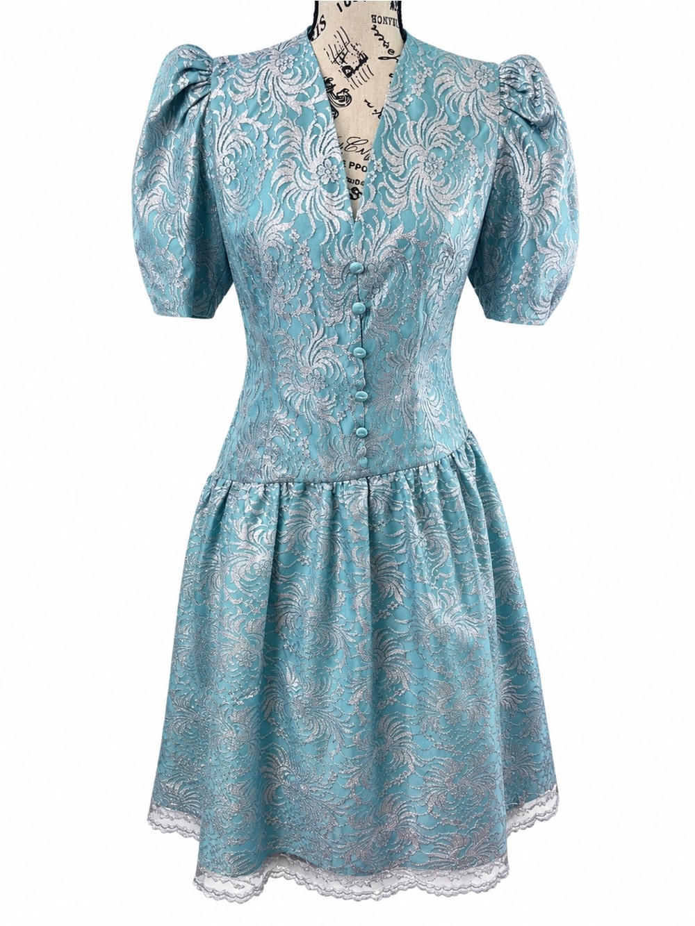 Halston III Aqua Silver Brocade Fit & Flare Dress Puff Sleeves Size 6